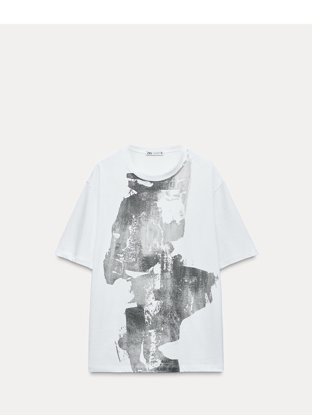 Zara White Short-Sleeve Tee with Gray Abstract Print